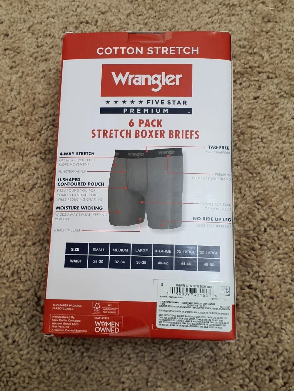 Wrangler 6 Stretch Boxer Briefs  Size Small U-Shaped Pouch Fly Cotton No Ride Up
